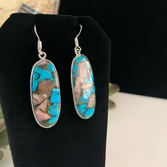 Copper & Turquoise Mosaic Handmade Silver Drop Earrings - Picture 8 of 9